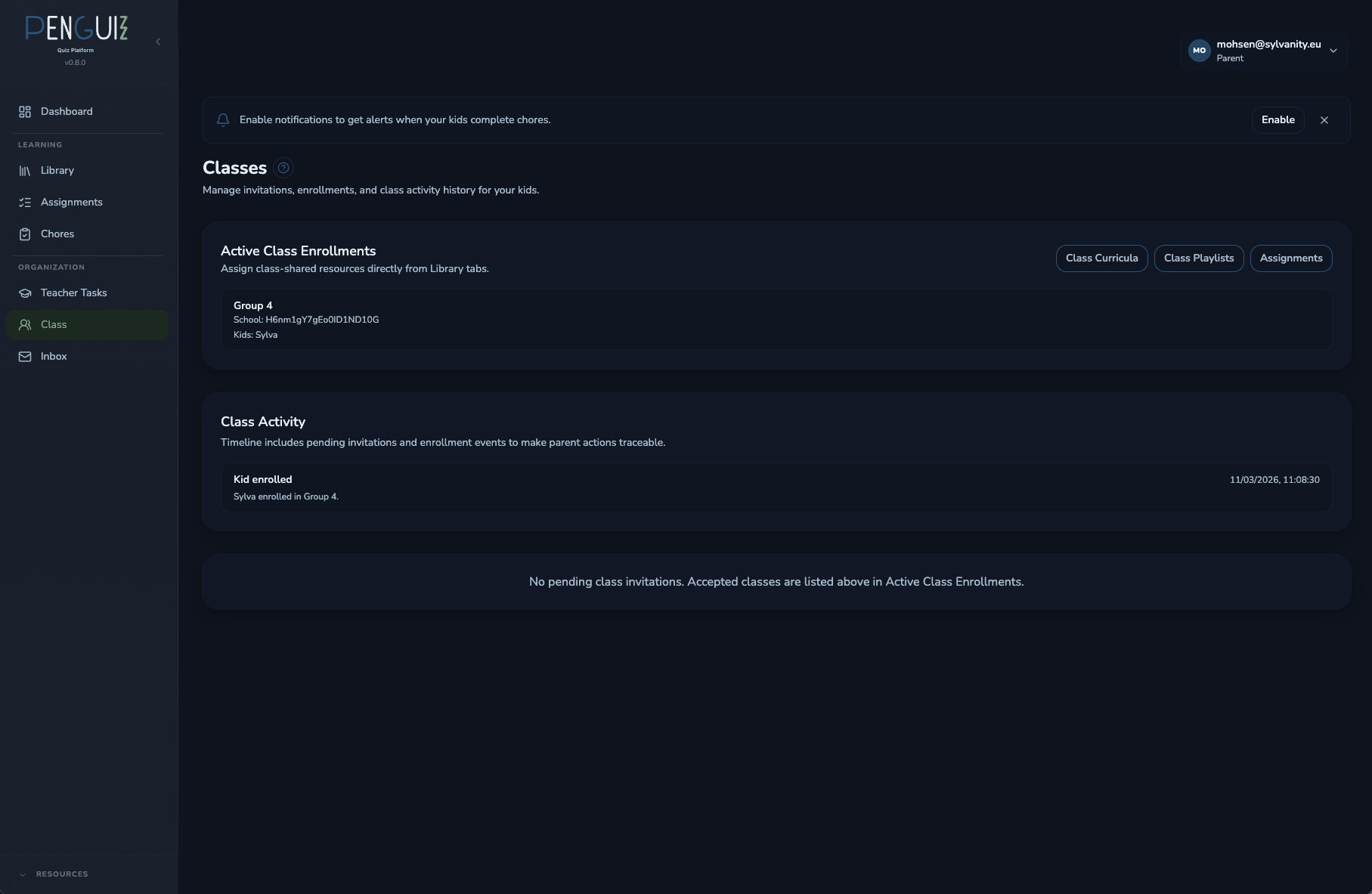 Penguizz class management with enrollments and activity