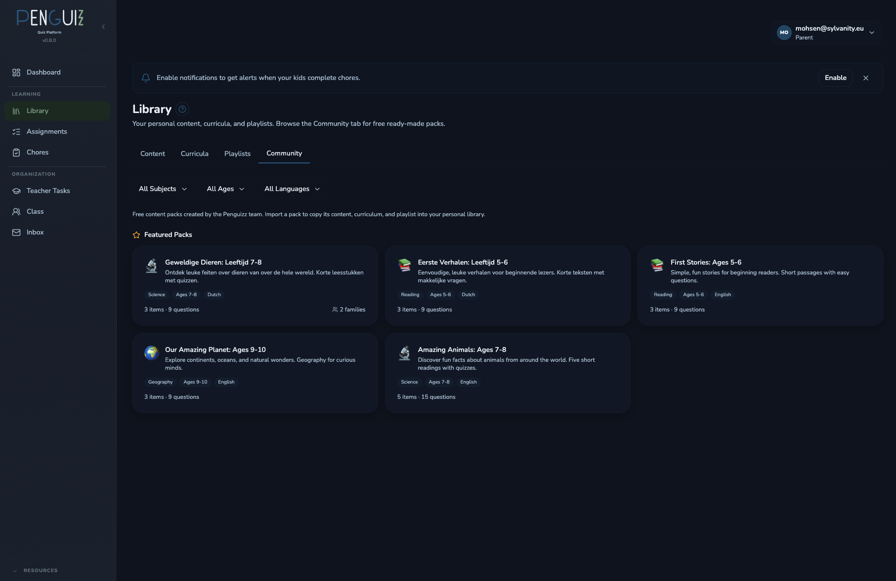 Penguizz community library with shared content packs